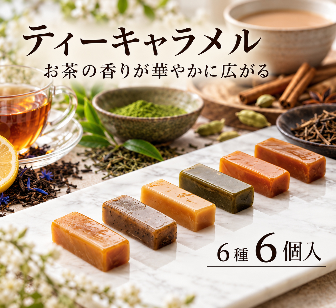 44/ とろける【ティーキャラメル６個入】アールグレイ、ほうじ茶、チャイ、ジャスミン、レモングラス、グリーンティー