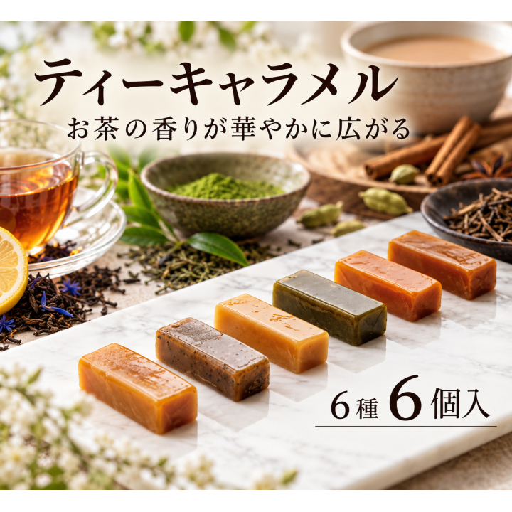 44/ とろける【ティーキャラメル６個入】アールグレイ、ほうじ茶、チャイ、ジャスミン、レモングラス、グリーンティー